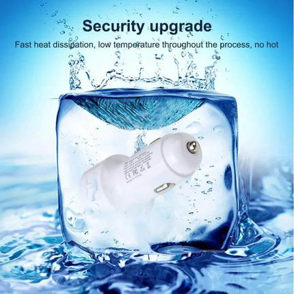 Mini USB C Car Charger for Quick Phone Charging on the Go compact white dual-port car charger shown in ice cube highlighting heat dissipation and safety