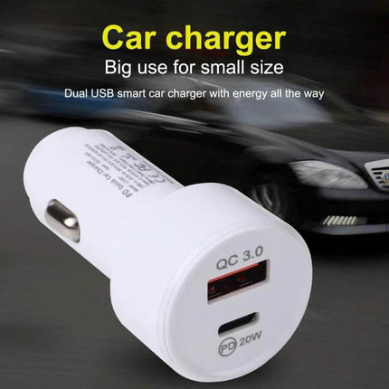 Mini USB C Car Charger for Quick Phone Charging on the Go - compact white dual-port car charger with USB-A QC3.0 and USB-C PD 20W