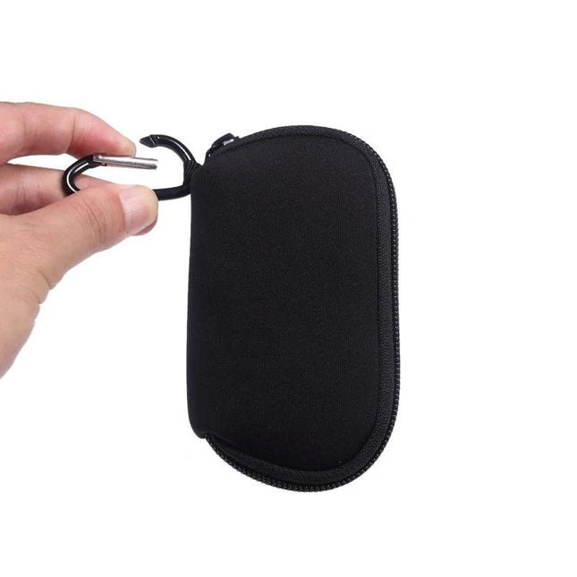 Keep Your Earphones Protected in a Compact Daily Bag - black zippered neoprene case with carabiner for AirPods, cords, keys, and cards
