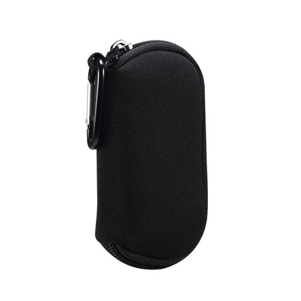 Keep Your Earphones Protected in a Compact Daily Bag — Black zippered neoprene case with carabiner for AirPods, cords, keys, and cards