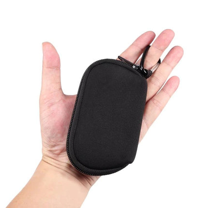 Keep Your Earphones Protected in a Compact Daily Bag — Black zippered neoprene earphone pouch with carabiner in palm