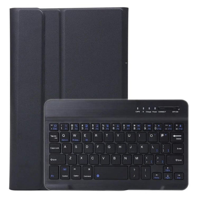 Splittable Bluetooth Keyboard Leather Case for Samsung Galaxy Tab A7 Lite showing detachable Bluetooth keyboard and protective black leather folio