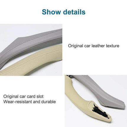 Car Leather Right Side Inner Door Handle Black for BMW - leather-textured ABS+PC replacement showing original texture and card slot, wear-resistant armrest mount