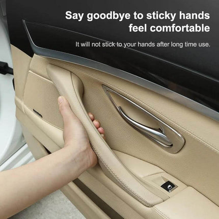 Car Leather Right Side Inner Door Handle Black for BMW installed on beige door panel, leather-textured ABS+PC replacement showing hand grip