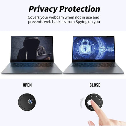 Webcam Privacy Covers, Pack of 3, for Laptops and Phones round low-profile sliding webcam cover showing open and closed positions