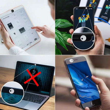 Webcam Privacy Covers, Pack of 3, for Laptops and Phones shown on tablet laptop and smartphones privacy slider