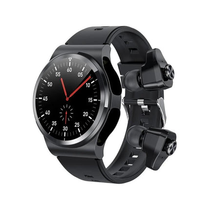 Compact Watch for On-the-Go Health Tracking and Calls showing black round smartwatch with earbuds for activity and call monitoring