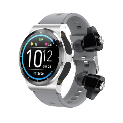 Compact Watch for On-the-Go Health Tracking and Calls showing round touchscreen, step and heart readouts, call-ready earbuds and silicone band