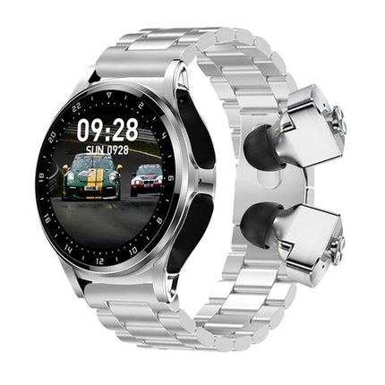 Compact Watch for On-the-Go Health Tracking and Calls — silver stainless smartwatch showing time, activity screen and earbuds for calls
