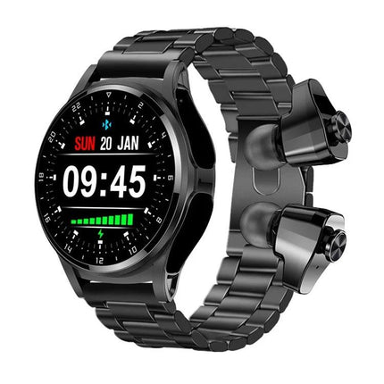 Compact Watch for On-the-Go Health Tracking and Calls - sleek black smartwatch showing time, date, steps, sleep and call-ready earbuds