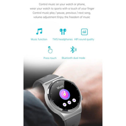 Compact Watch for On-the-Go Health Tracking and Calls showing music control screen, Bluetooth and touch features