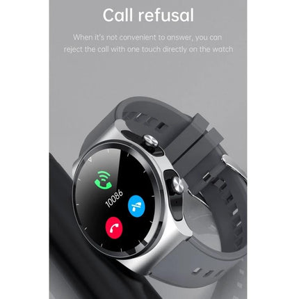 Compact Watch for On-the-Go Health Tracking and Calls showing call refusal screen and activity icons