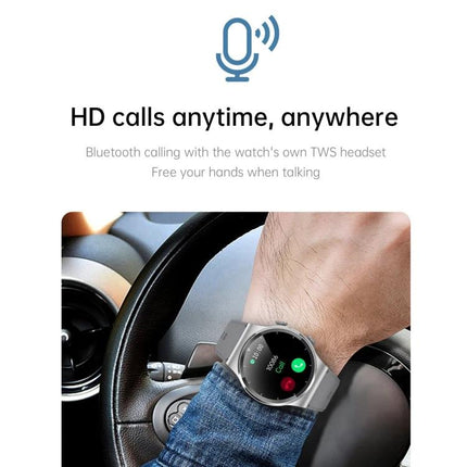 Compact Watch for On-the-Go Health Tracking and Calls showing incoming HD call on wrist while driving, wearable for steps, sleep and quick hands-free calls