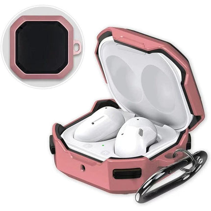 Convenient Protective Case for Earphones on Daily Outings - pink dustproof antifouling hard shell with carabiner, open view showing earbuds and charging access