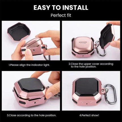 Convenient Protective Case for Earphones on Daily Outings showing pink dustproof antifouling case with easy-to-install steps and carabiner