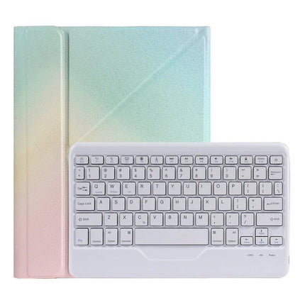 Leather Case with Splittable Bluetooth Keyboard for iPad Models shown in pastel folio with detachable white Bluetooth keyboard for typing on the go