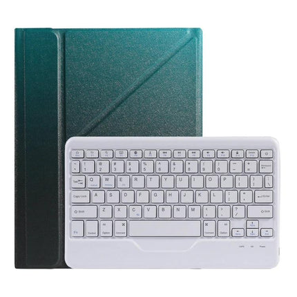 Leather Case with Splittable Bluetooth Keyboard for iPad Models showing green protective folio and detachable white Bluetooth keyboard