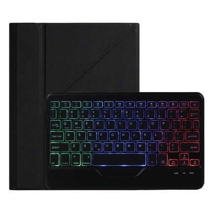 Bluetooth Keyboard Leather Case for iPad 10.2 Inch with Holder showing detachable RGB backlit keyboard and protective black leather folio