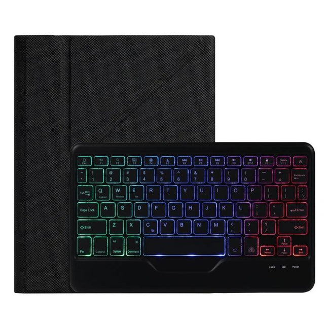 Bluetooth Keyboard Leather Case for iPad 10.2 Inch with Holder showing detachable RGB backlit keyboard and protective black leather folio