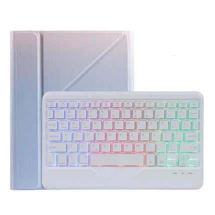 Bluetooth Keyboard Leather Case for iPad 10.2 Inch with Holder showing white Bluetooth keyboard with multicolor backlight and protective leather folio