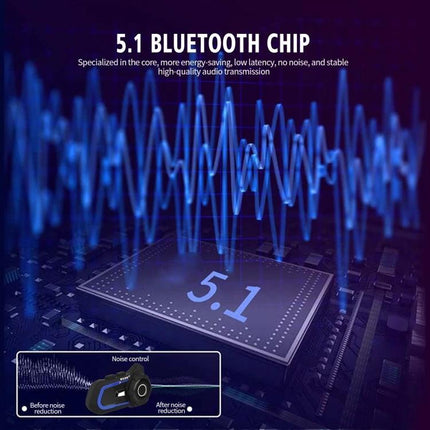 WUPP Bluetooth Intercom Headset for Motorcycle Communication showing 5.1 Bluetooth chip and noise reduction features