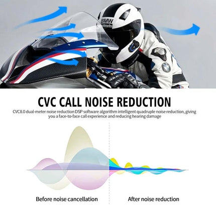 WUPP Bluetooth Intercom Headset for Motorcycle Communication on rider helmet showing CVC call noise reduction and before/after noise graph