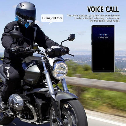 WUPP Bluetooth Intercom Headset for Motorcycle Communication demonstrating hands-free voice call while rider streams music on highway