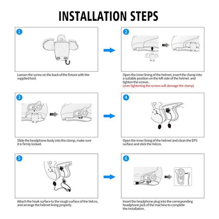 WUPP Motorcycle Bluetooth Headset For Hands Free Riding installation steps diagram showing clamp, clamp placement, and wiring