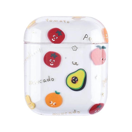 Daily Protective Case with Fruit Pattern for AirPods - White PC shell with playful tomato, avocado, orange and peach illustrations, scratch-resistant