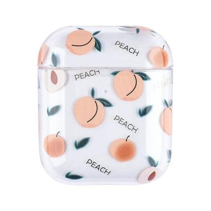 Daily Protective Case with Fruit Pattern for AirPods showing peach pattern, durable scratch‑resistant PC cover with charging access