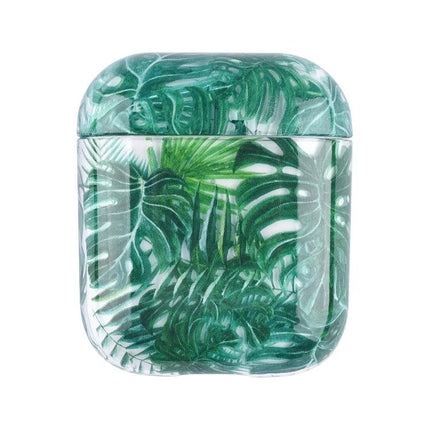 Daily Protective Case with Fruit Pattern for AirPods in green tropical leaf print, durable scratch‑resistant PC shell