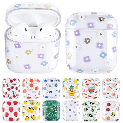 Daily Protective Case with Fruit Pattern for AirPods showing clear PC case with small purple and blue flowers protecting AirPods and allowing charging access
