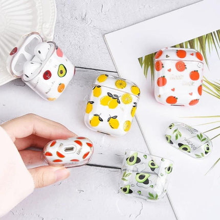 Daily Protective Case with Fruit Pattern for AirPods showing assorted lemon, orange and avocado designs on durable white PC cases