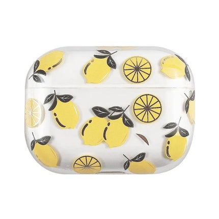 Daily Protective Case with Fruit Pattern for AirPods showing clear PC case with yellow lemon pattern, durable scratch- and dust-resistant protection