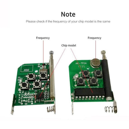 Universal Multi-Function Remote Control for Car Access showing two circuit boards, chip model and frequency labels for 286-868 MHz wireless range