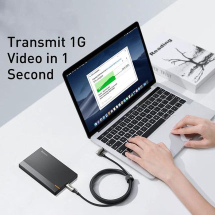Baseus CATPN01 100W PD3 1 Gen2 USB C to USB C Cable 150cm connected to laptop and external drive showing fast 1000M transfer and 4K projection