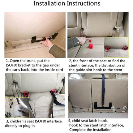 Universal ISOFIX and Latch Bracket for Child Car Seats installation demonstration showing bracket placement and latch hook in car seat gap