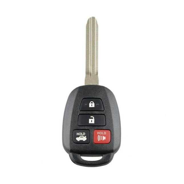 Replacement 4-Button Car Key for Toyota Camry Vehicles - black key fob showing lock, unlock, trunk and panic buttons