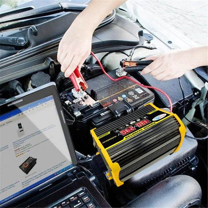 Legend Car Power Inverter for In-Car Device Powering connected to car battery charging laptop during road trip