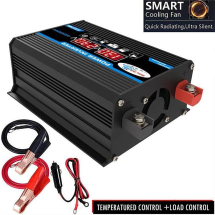Car Power Inverter for Charging Devices on the Go - black 12V to 220V inverter with cooling fan, cables and safety protections