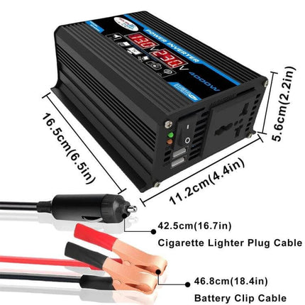 Car Power Inverter for Charging Devices on the Go - 300W 12V to 220V inverter with USB ports, digital display, cigarette lighter and battery clip cables