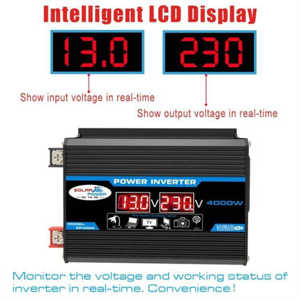 Car Power Inverter for Charging Devices on the Go - 4000W inverter with intelligent LCD showing 13.0V input and 230V output, USB and AC ports