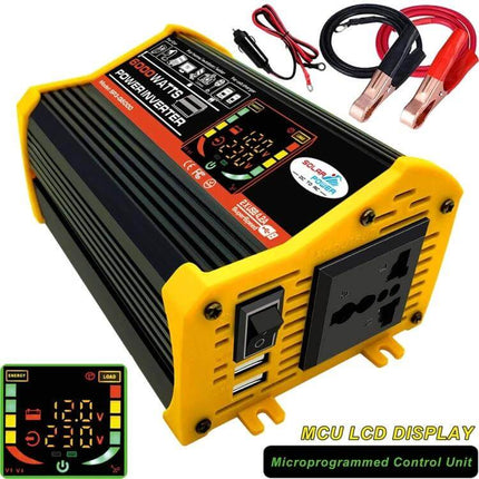 Legend Car Power Inverter for Vehicle and Solar Power Use - yellow black 600W DC to 220V AC inverter with USB ports, clamps and LCD display