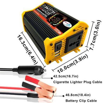 Legend Car Power Inverter for Vehicle and Solar Power Use - yellow black inverter with cigarette lighter plug and battery clip cables, dimensions shown
