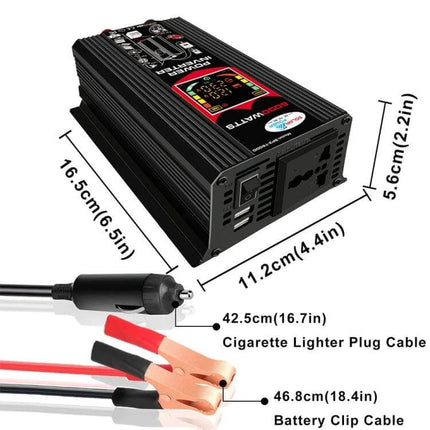 Tang III Car Power Inverter for Charging Devices in Vehicles black 300W inverter with USB ports, plug and battery clip cables, dimensions shown