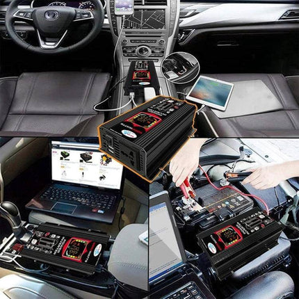 Tang III Car Power Inverter for Charging Devices in Vehicles shown powering laptop and tablet inside a car