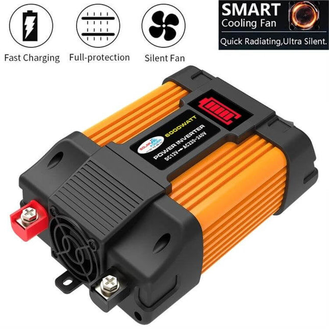 Little Wasp Car Inverter for Charging Devices in Vehicles - compact orange DC to AC power inverter for laptops phones with cooling fan