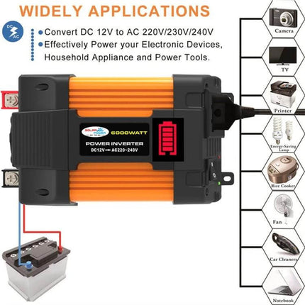 Little Wasp Car Inverter for Charging Devices in Vehicles - orange 600W DC12V to AC220V power inverter shown powering laptop phone and appliances