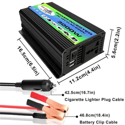 Tang I Generation Car Power Inverter for Vehicle Device Use - 3000W black aluminum inverter with USB ports, AC outlet, cigarette lighter and battery clip cables