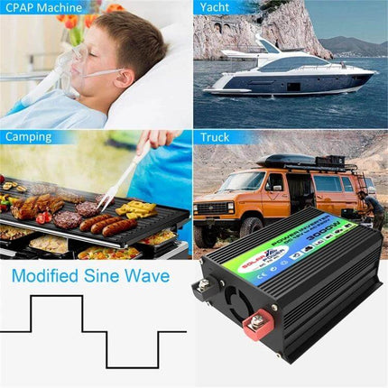 Tang I Generation Car Power Inverter for Vehicle Device Use showing modified sine wave inverter powering camping grill, truck, yacht and CPAP applications